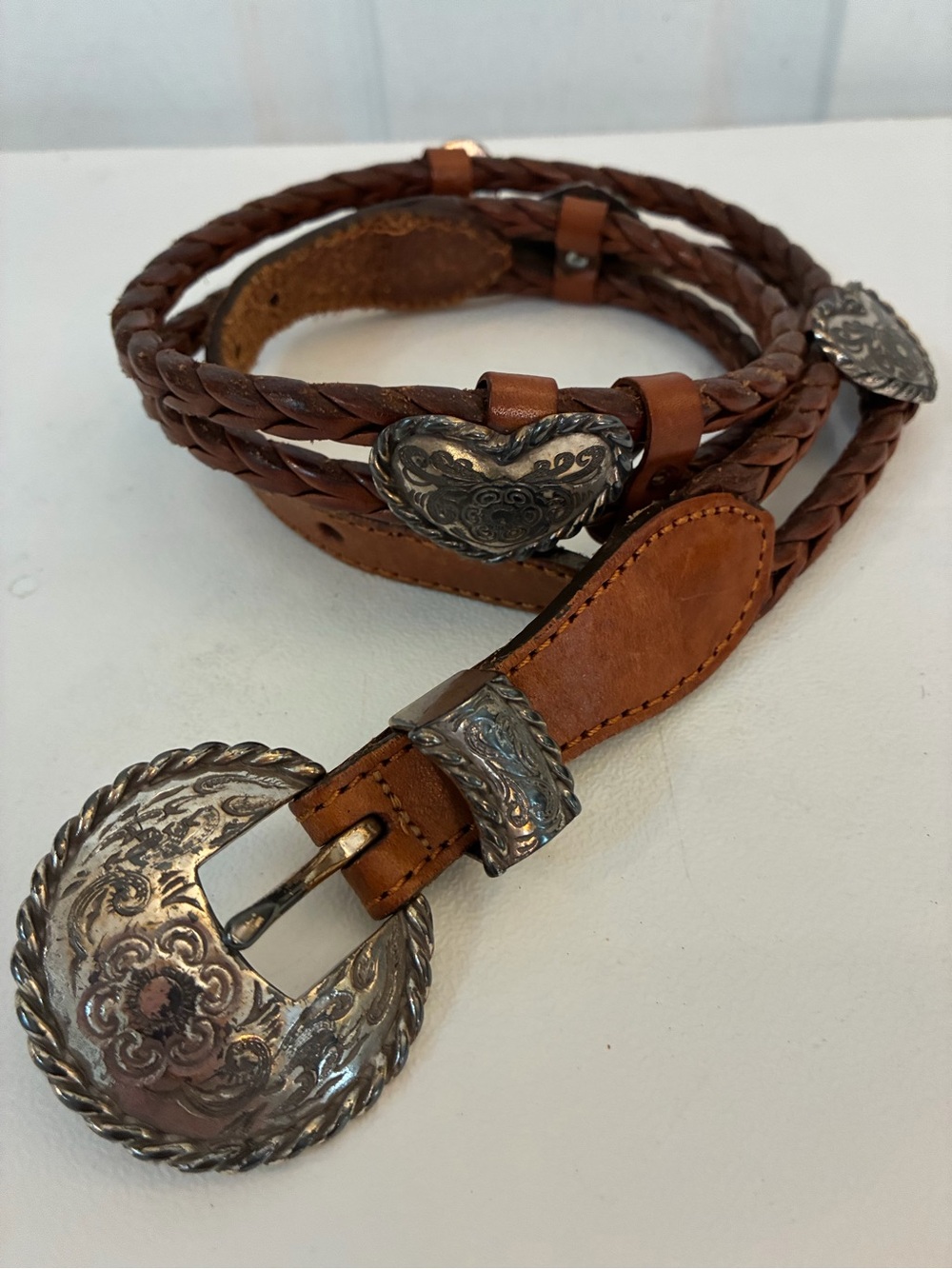 Vintage Brighton 71706 Brown Braided Leather Heart Concho Western Belt Size 28